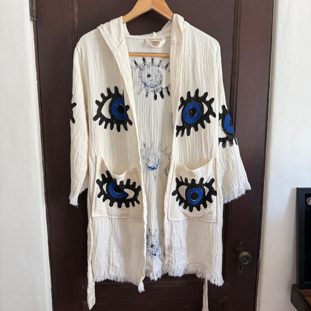 Cream Turkish Cotton Gauze Robe with Hand Painted Evil Eye pattern | Small